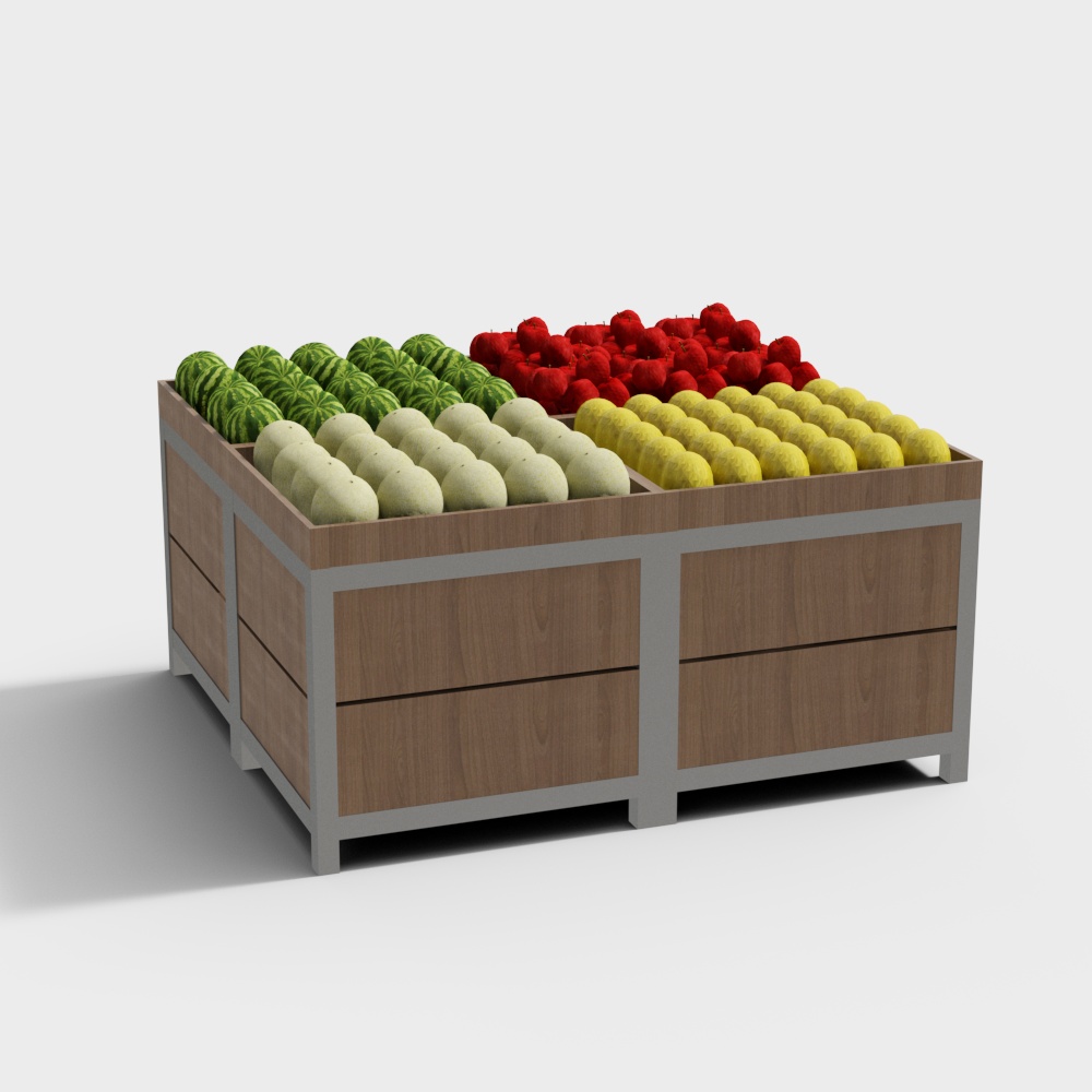 Wooden and metal fruit display bin with watermelons melons apples lemons on white background