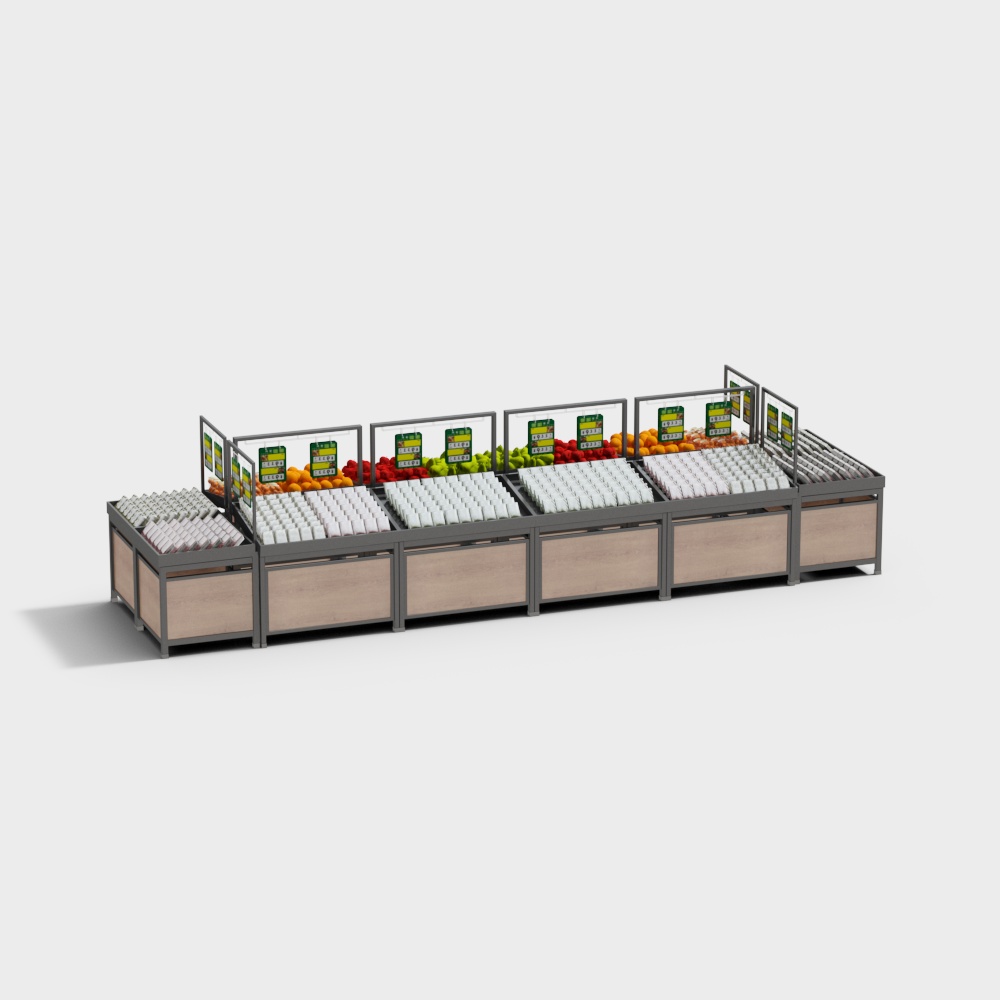 Long grocery display shelf with wood panels and fresh fruit on light grey background