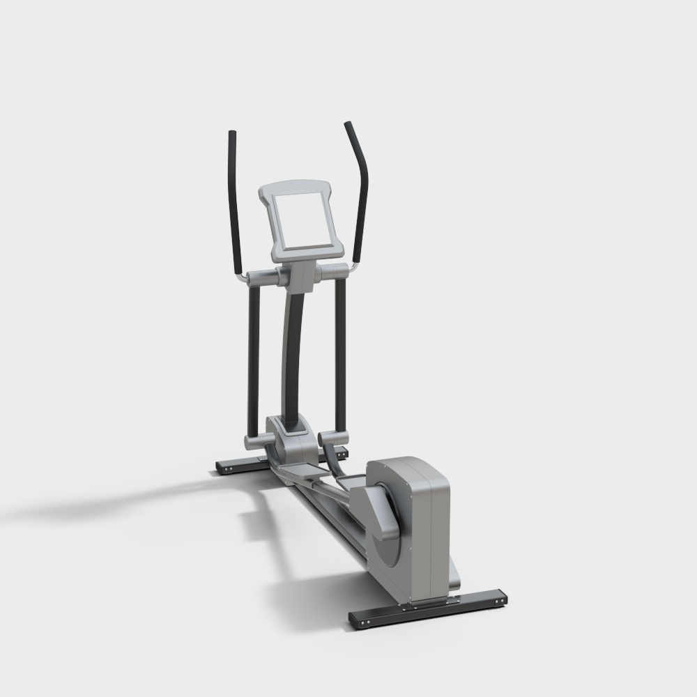 Grey elliptical exercise machine with black handles and digital screen on white background