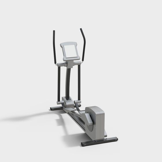 Grey elliptical exercise machine with black handles and digital screen on white background