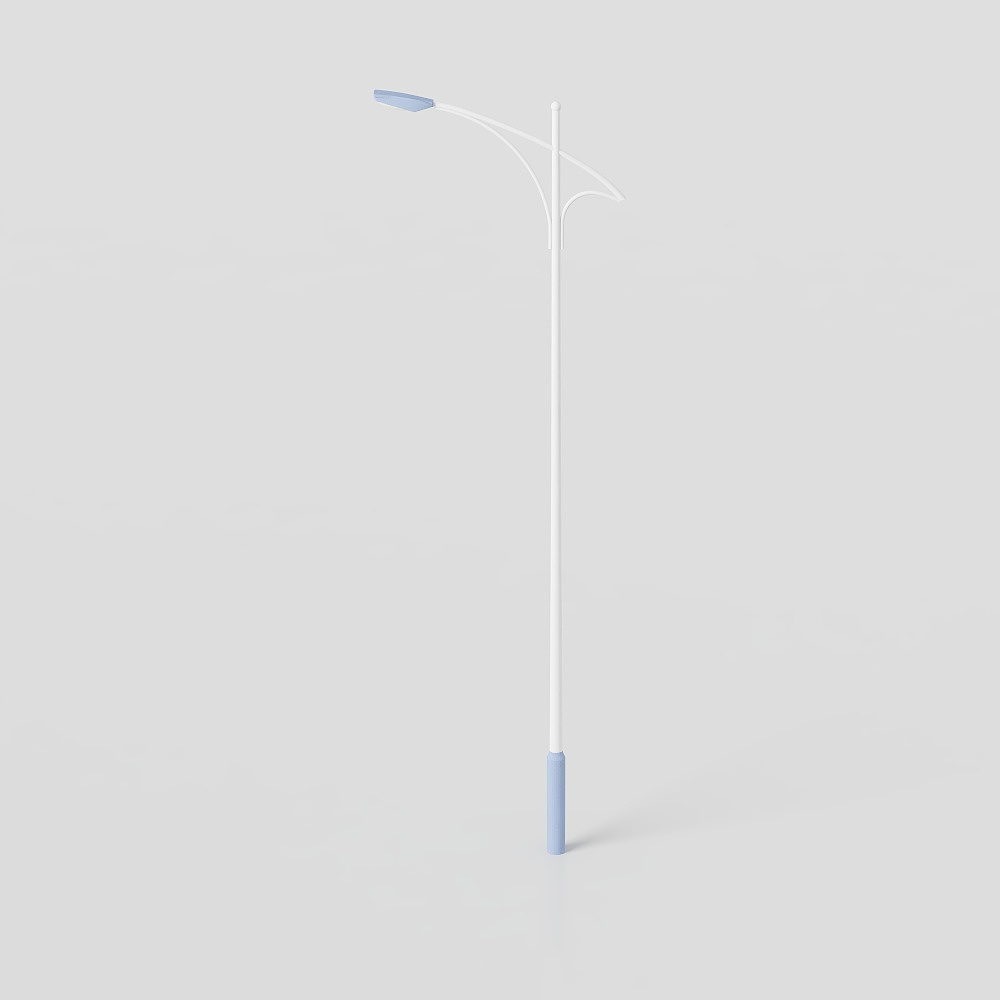 Modern white street light with blue base and curved arm on grey background