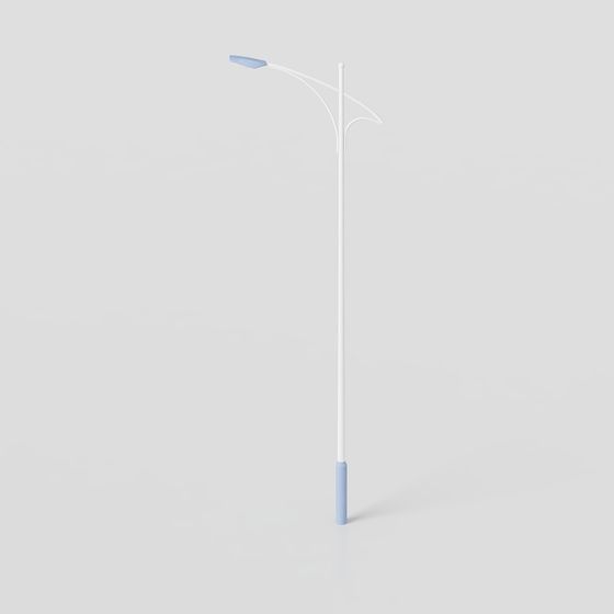Modern white street light with blue base and curved arm on grey background
