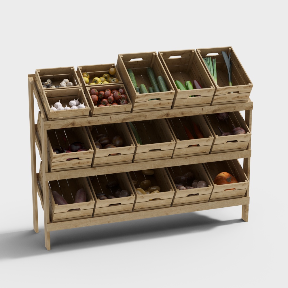 Three tier wooden vegetable rack with crates holding fresh produce on grey background