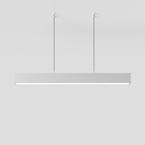 Modern white linear ceiling light with ribbed texture and thin cables on grey background