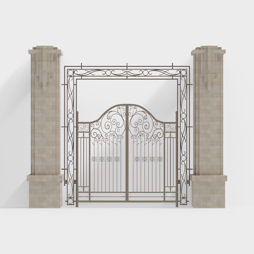 Elegant Iron Gate 3D Model – Warm Stone & Ironwork