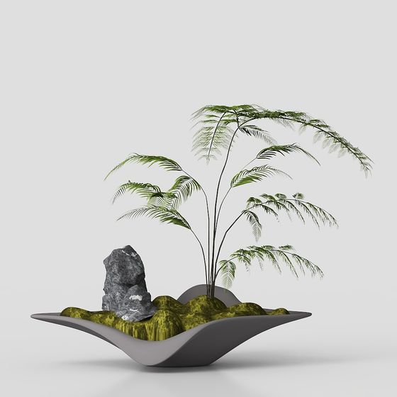 Gray Potted Plant Asian Style 3D Model