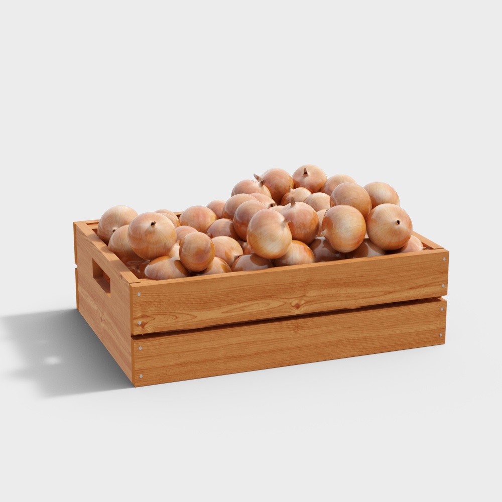 Rustic Wooden Crate with Fresh Onions 3D Model