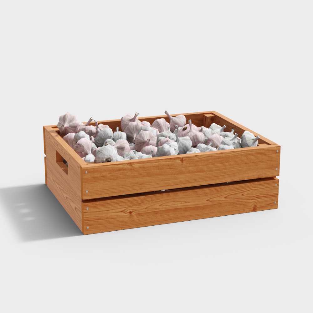 Rustic Wooden Garlic Crate 3D Model – Textured Wood & Garlic