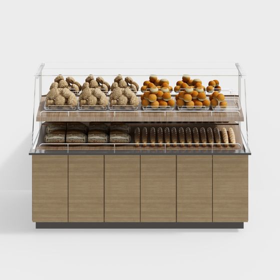 Realistic Bread Display Cabinet 3D Model – Wood & Glass Design