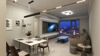 Modern living room with marble dining table brown sofa television and city view at night