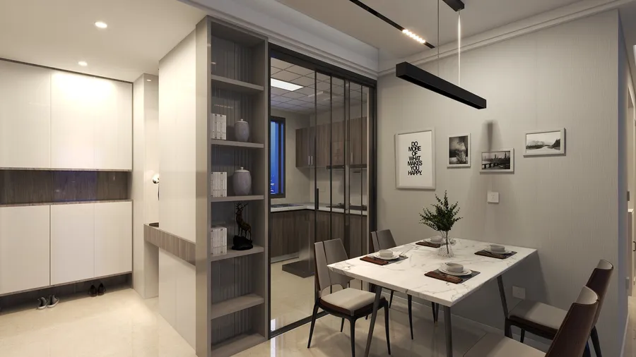 Modern dining room with marble table grey chairs and glass sliding door leading to kitchen