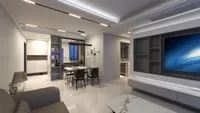 Modern living room with wall television grey storage shelves marble dining table and brown chairs