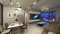 Open plan living room with marble dining table sofa wall television and city night window