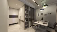 Dining room with marble table colorful ceiling lights white wall cabinets and framed wall art