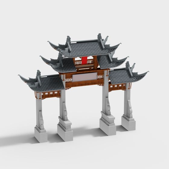 Elegant Chinese Archway 3D model with Low-Poly Design