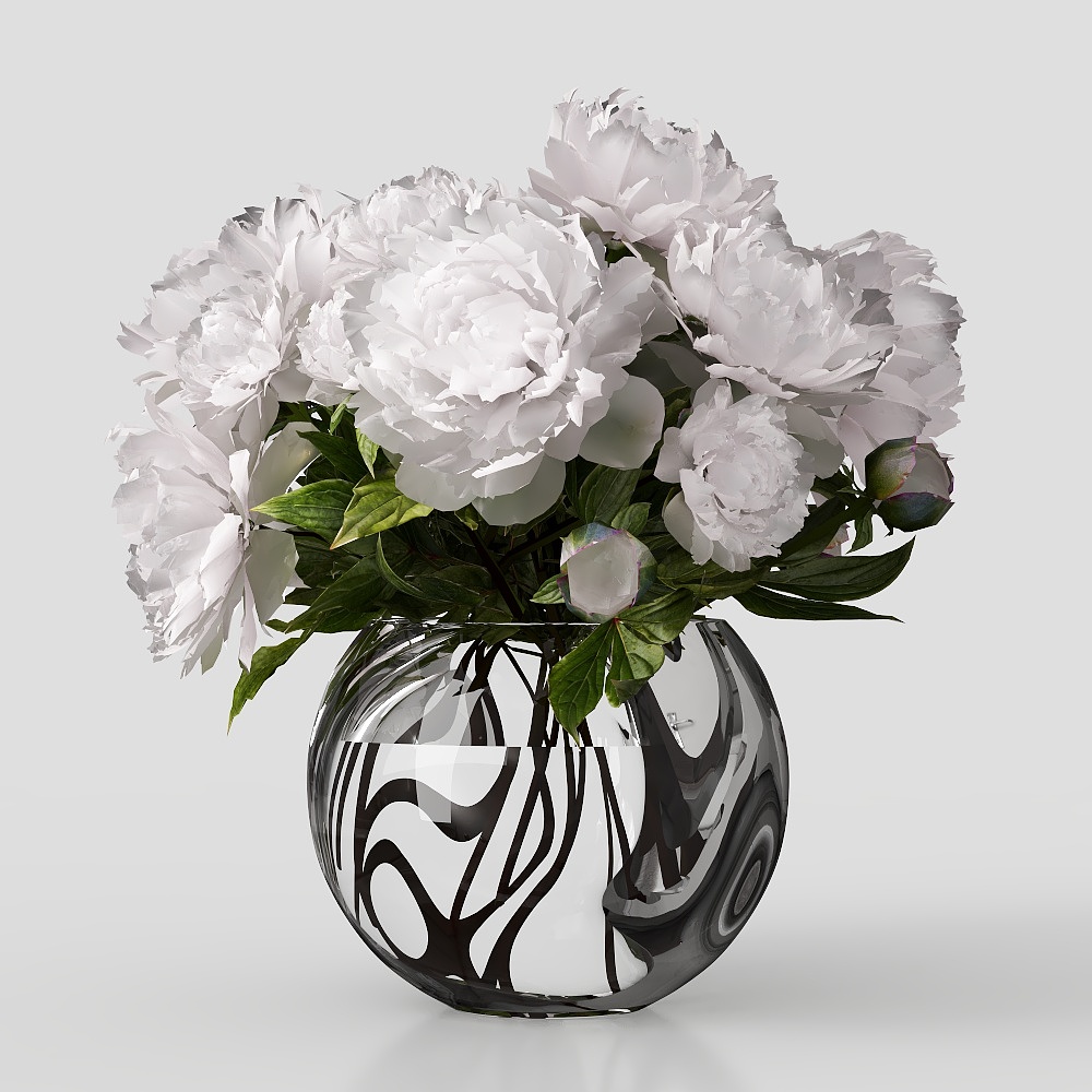 Elegant Peony and Vase 3D Model – Low-Poly Floral Decor