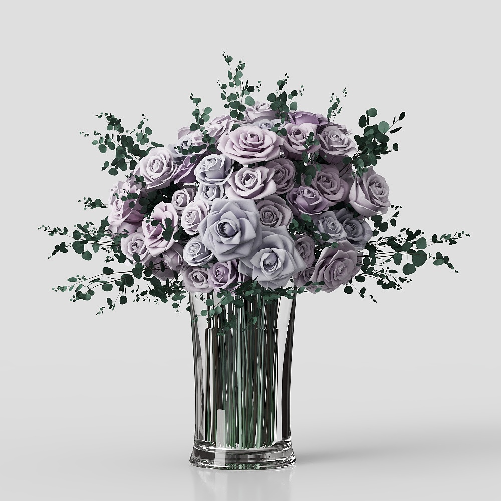 Lavender Romance 3D Model – Purple Roses with Green Leaves