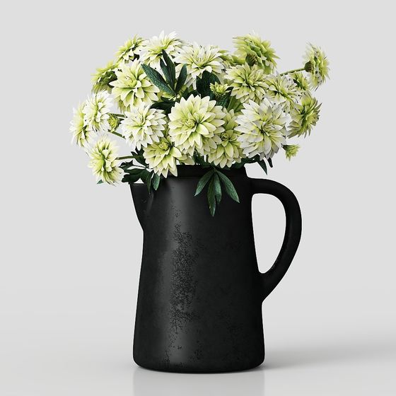 Stylish Black Ceramic Vase 3D model with Flowers
