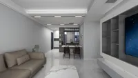 Minimalist living room with brown leather sofa marble coffee table and open dining area view