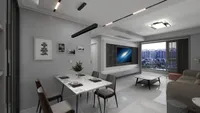 Bright living room with white marble table gray sofa wall television and city view window
