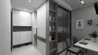 Hallway featuring white storage cabinets grey open shelves and glass sliding door near dining table