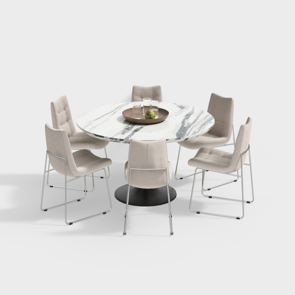 Modern Marble Dining Table and Chair Set – Low-Poly Furniture