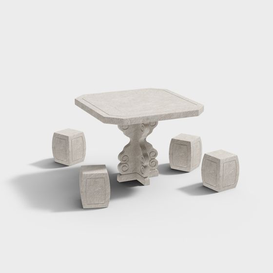 Vintage Stone Table and Stool Set 3D model