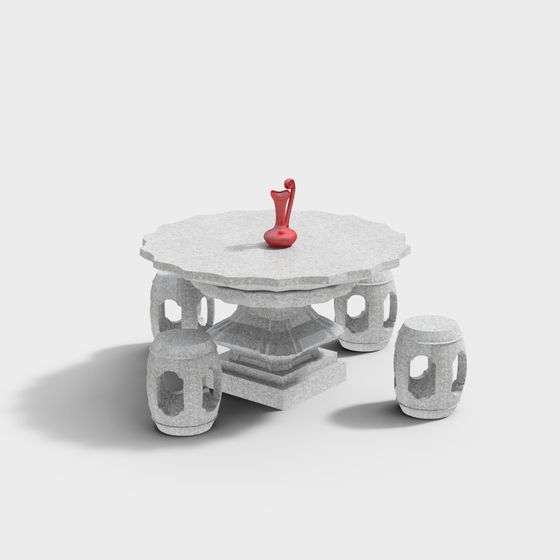 Oriental Stone Table and Chair Set 3D model
