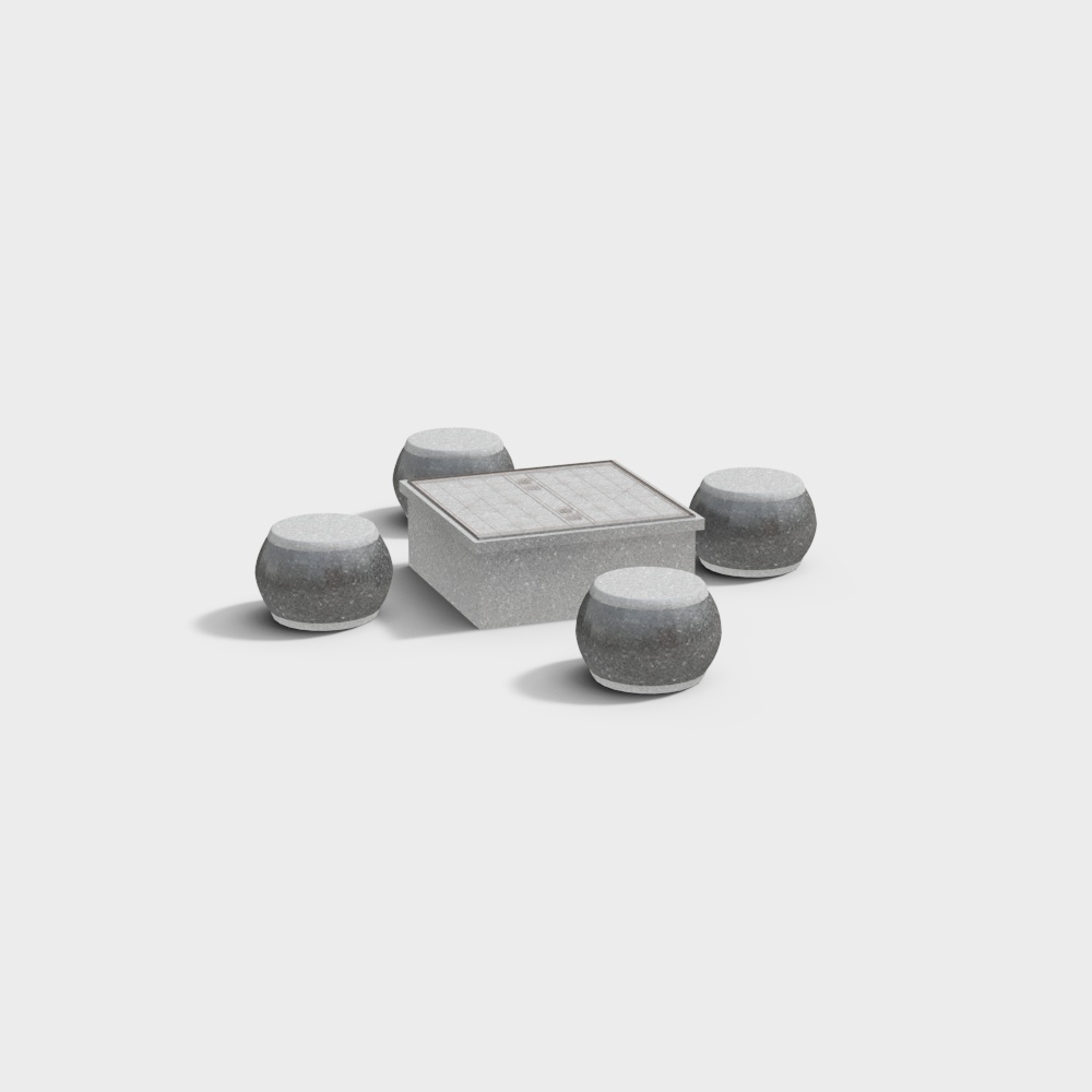 Sillas y mesas de piedra antiguas del patio