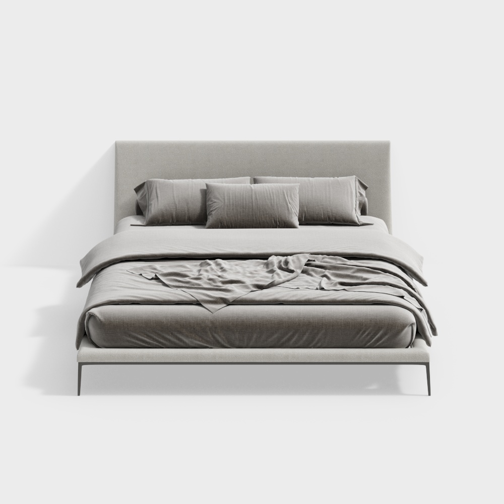 Low Poly Modern Bed Frame 3D Model – Gray Textured Design