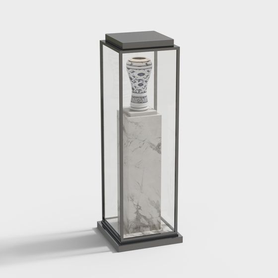 Glass Display Case with Blue-and-White Porcelain Vase 3D model