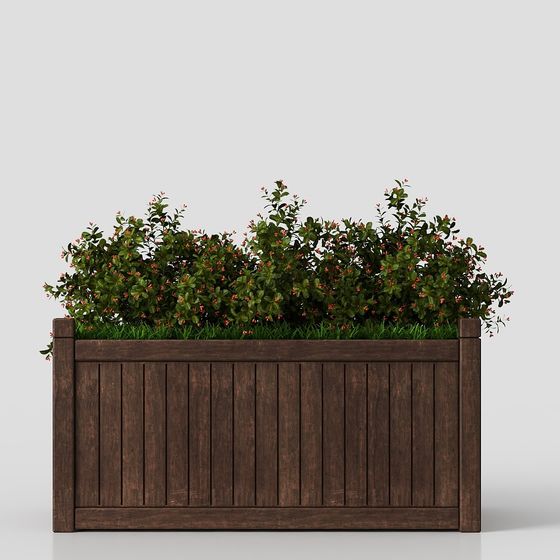Low-Poly Wooden Planter Box with Greenery 3D model