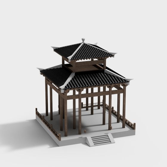 Classical Pavilion 3D model with Oriental Aesthetics