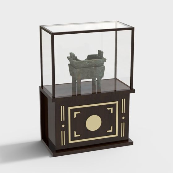 Antique Bronze Tripod 3D Model Displayed in Glass Case