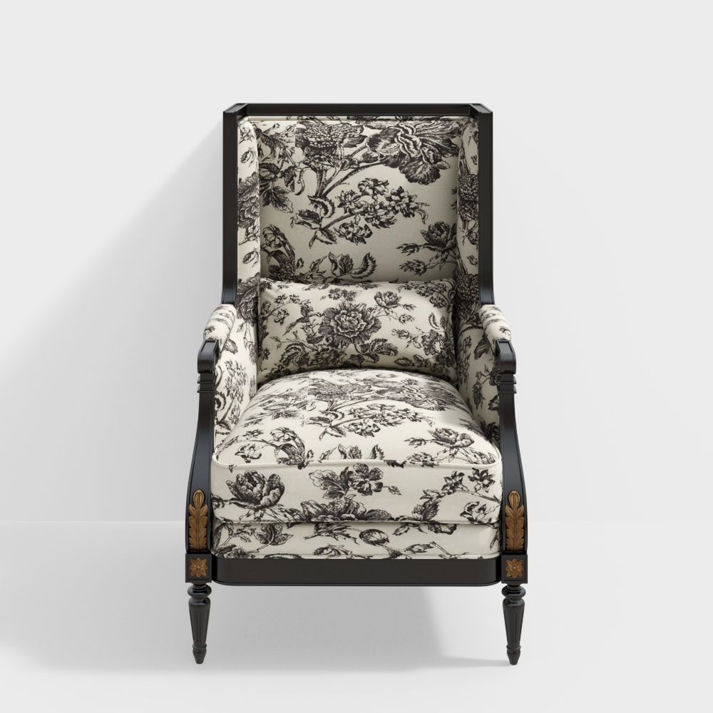 Elegant Retro Style Armchair 3D Model – Floral Wood Design