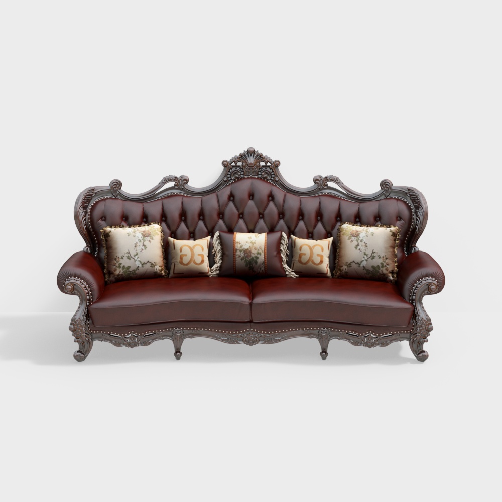Royal Elegance Sofa 3D Model – Leather & Wood Design