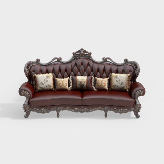 Brown European Style Multi-Person Sofa 3D Model