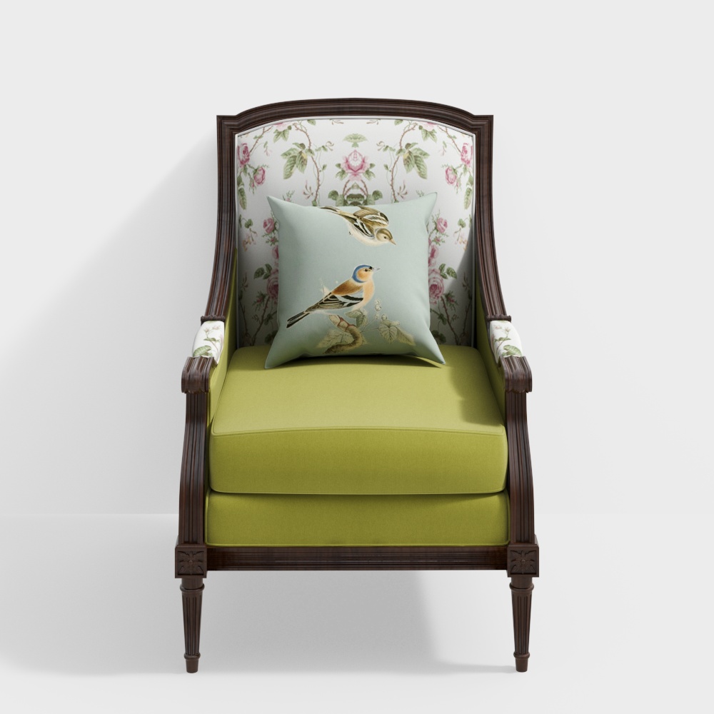 Victorian Armchair 3D Model – Dark Wood & Green Upholstery