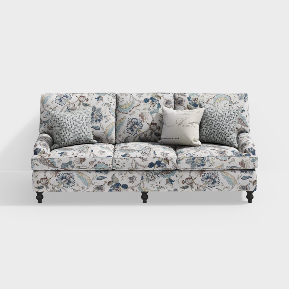 Cozy Floral Sofa 3D Model – Botanical Pattern & Low-Poly