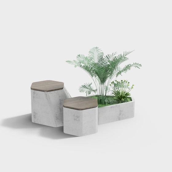 Concrete Planter and Wooden Bench 3D Model