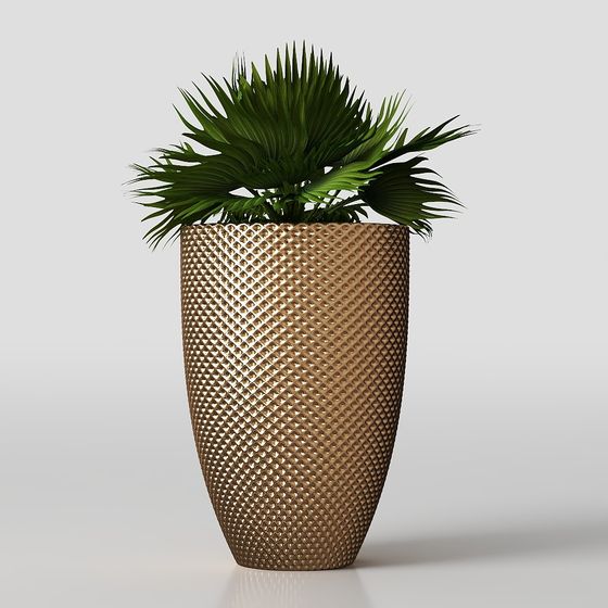 Golden Mesh Planter with Green Plant 3D model