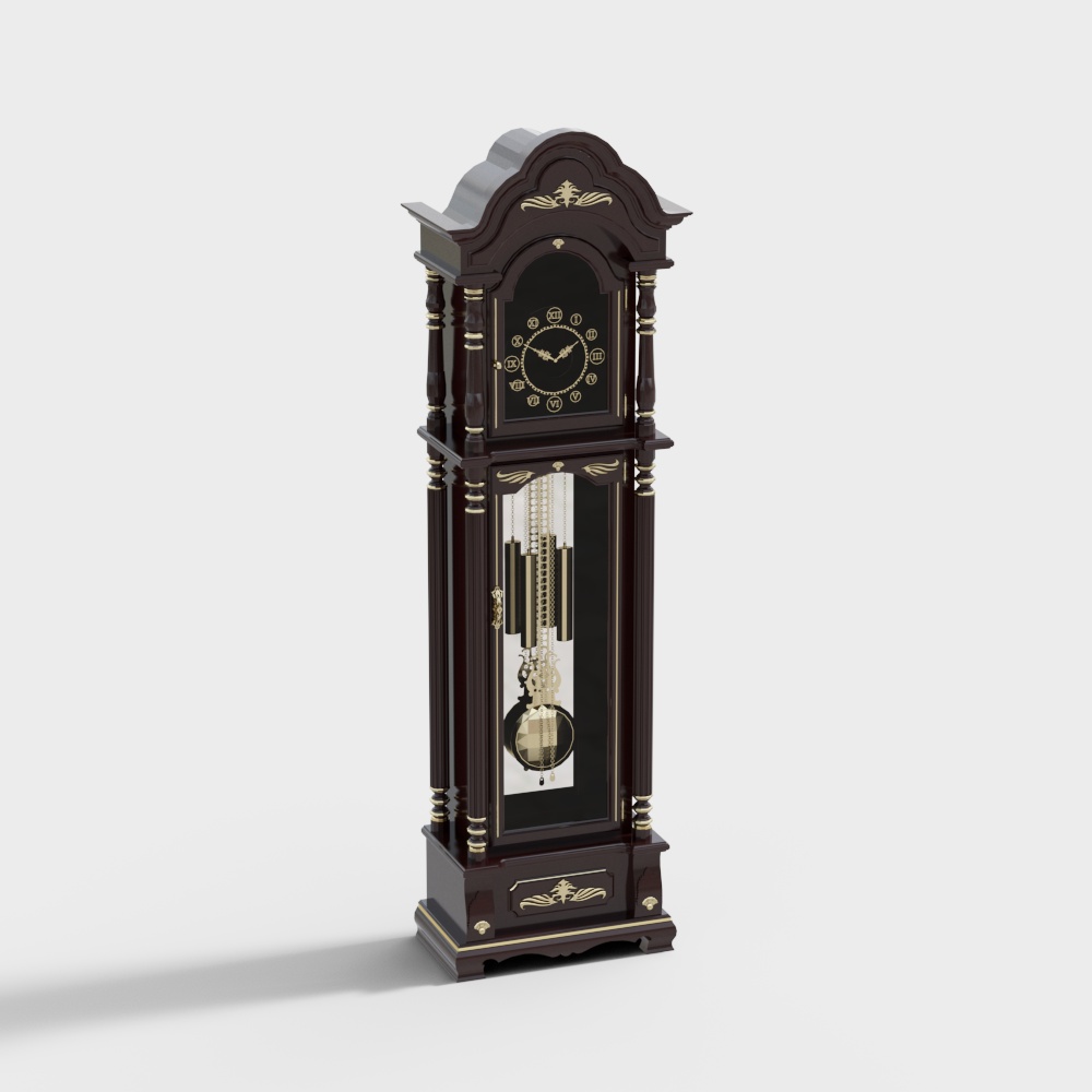 Elegant Grandfather Clock 3D Model – Mahogany & Gold