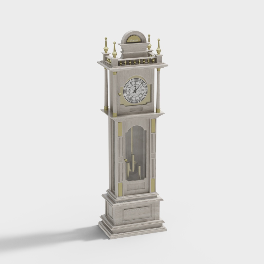 Vintage Floor Clock 3D Model – Classic Wood & Gold