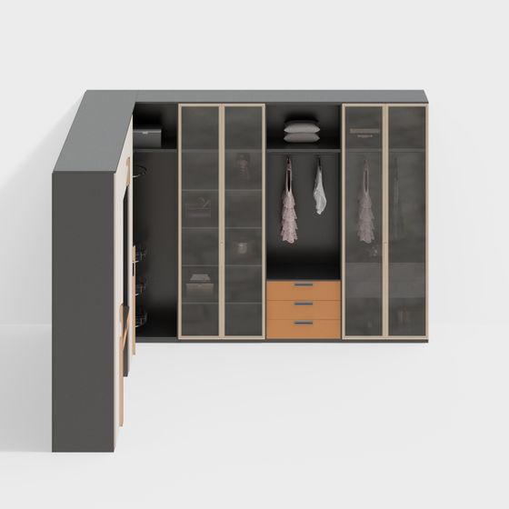 Modern Corner Wardrobe 3D Model in Gray