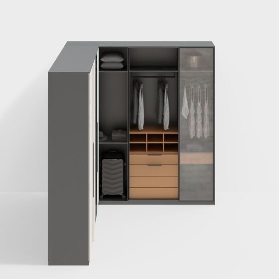 Modern Corner Wardrobe 3D Model in Black