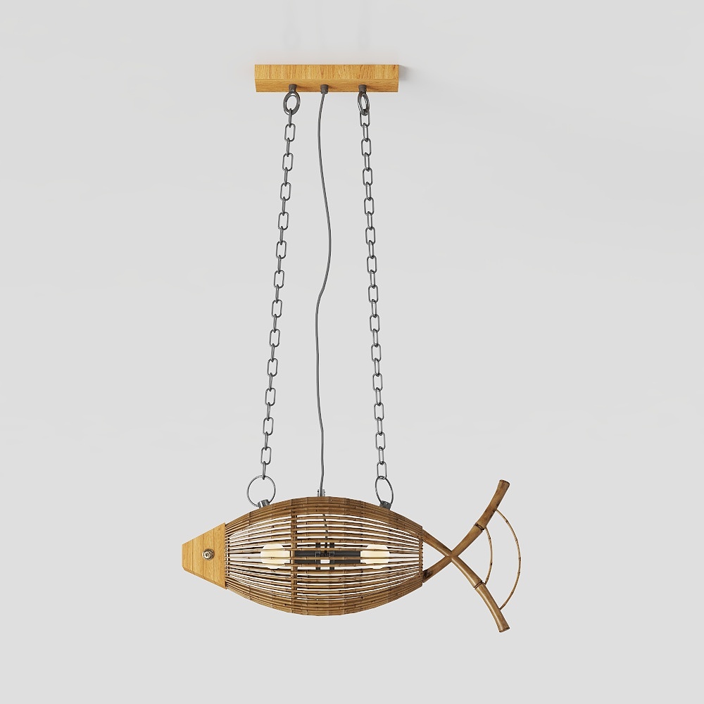 Fish-Shaped Pendant Light 3D Model – Wooden Frame Design