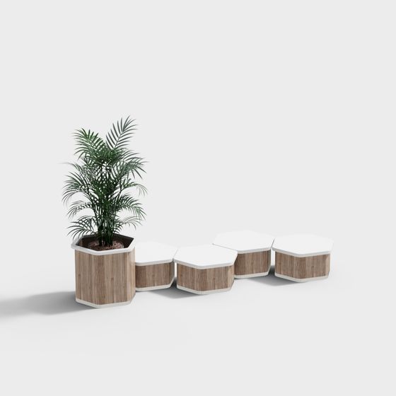 Hexagonal Wooden Table and Planter 3D model