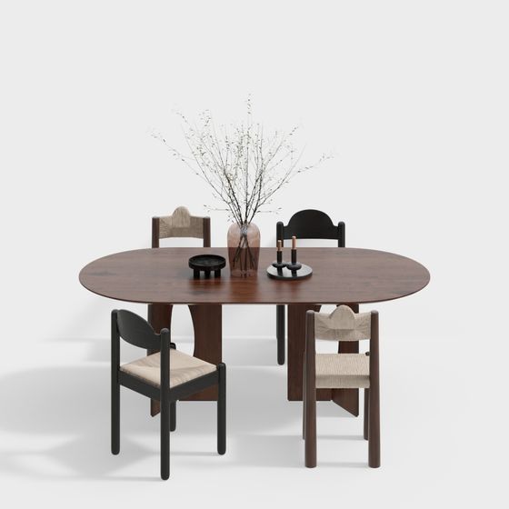 Wabi-Sabi Dining Table and Chair Set 3D Model in Brown
