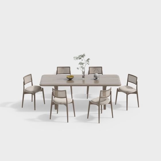 Elegant Low-Polygon Dining Table and Chair Set 3D model