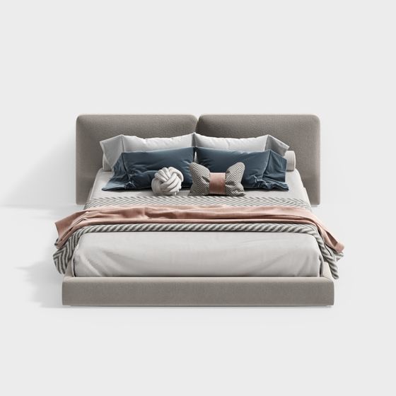 Stylish Gray 3D Bed Model for Modern Interiors